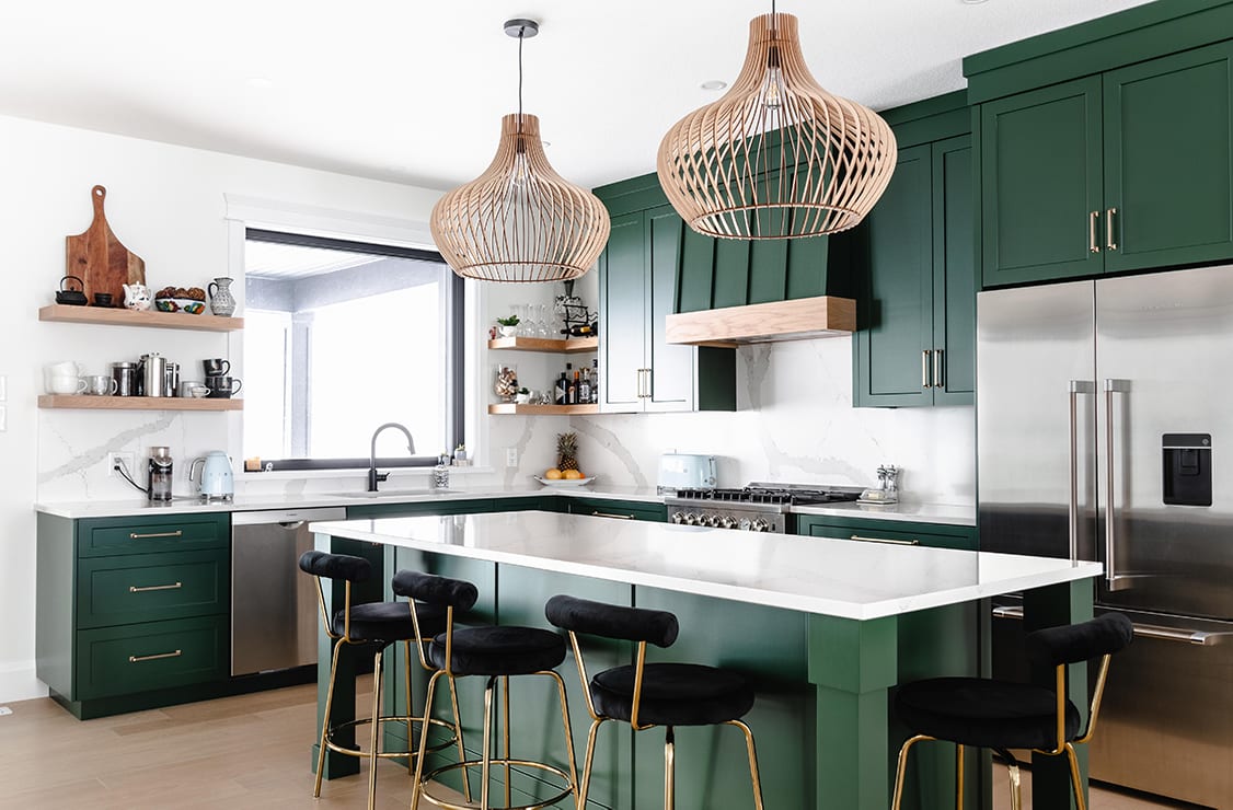 Green cabinetry in a farmhouse kitchen 