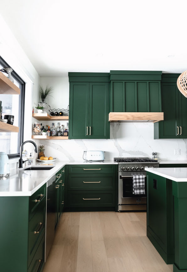 green modern farmhouse kitchen design with wood and brass accents