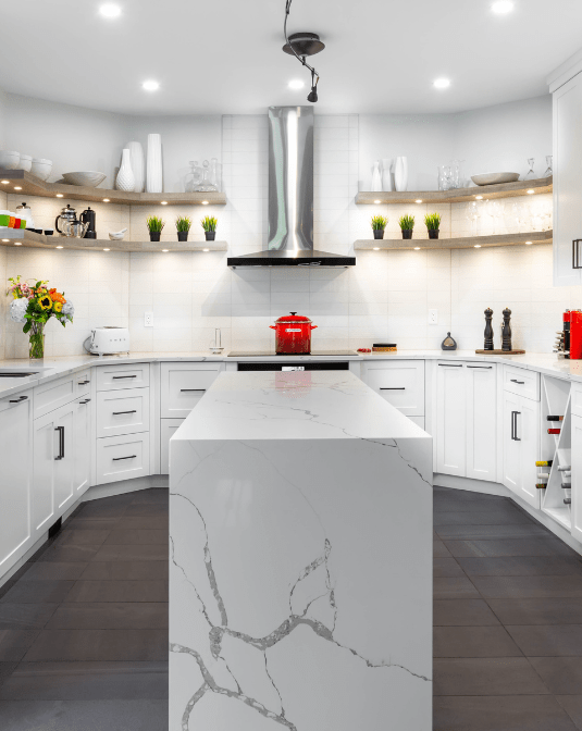 modern U-shaped kitchen with thin custom kitchen island