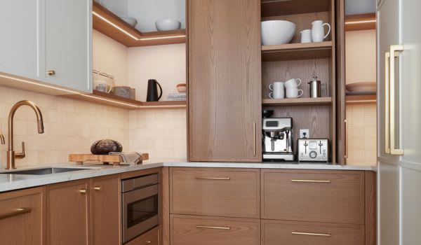 Custom wood kitchen cabinets with open cabinet