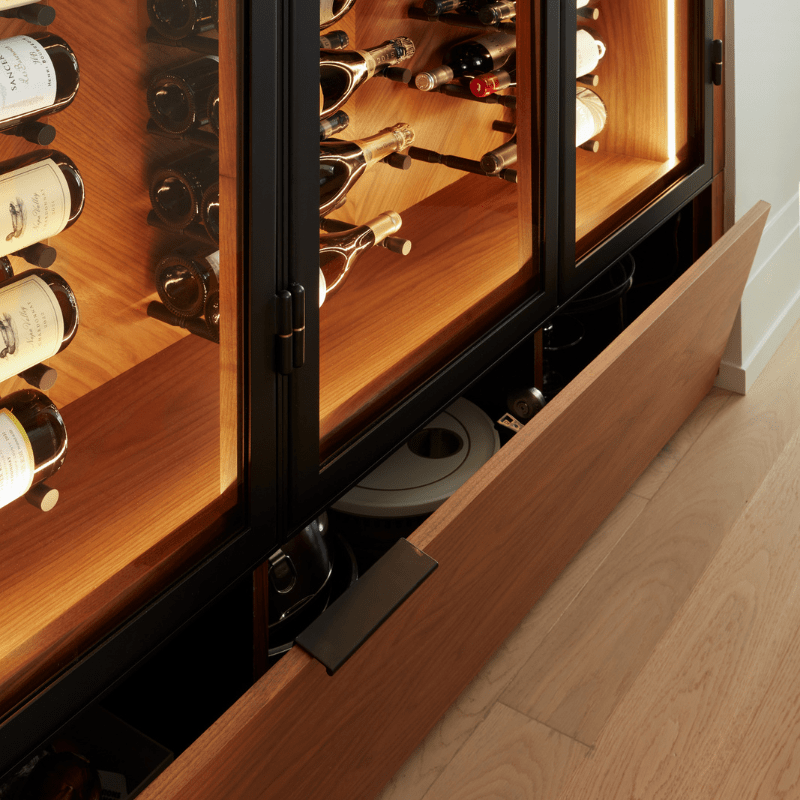 custom millwork details of a wine rack in a condo in mississauga