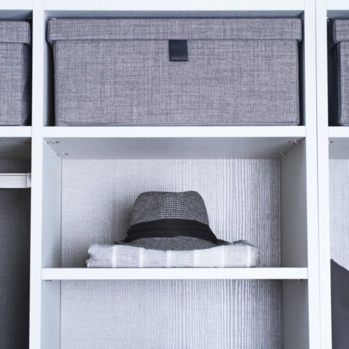 Hat of the shelf of a closet part of the Chervin Kitchen & Bath Essential Collection