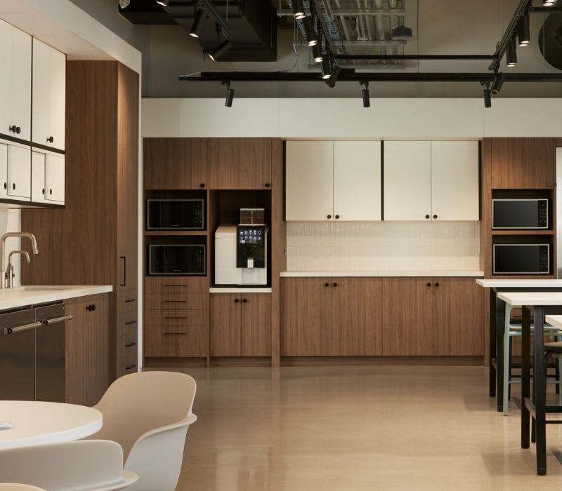 Custom lunchroom with walnut kitchen cabinets and metal frame doors