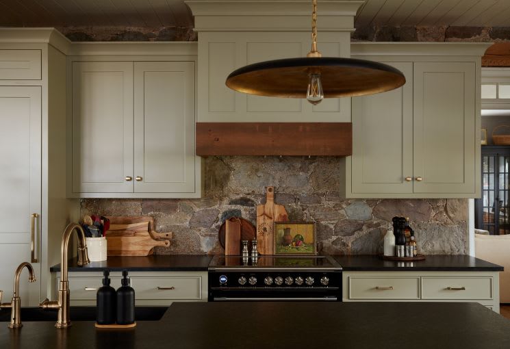 Farmhouse custom kitchen with stone backplash