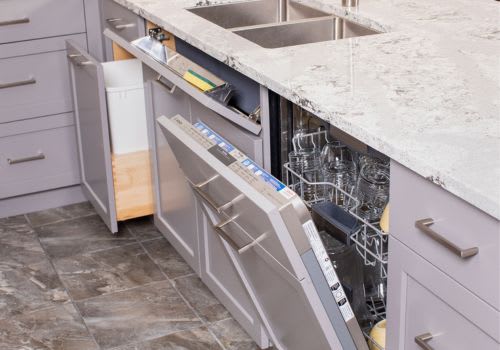 Close up of dishwasher built into custom kitchen cabinets