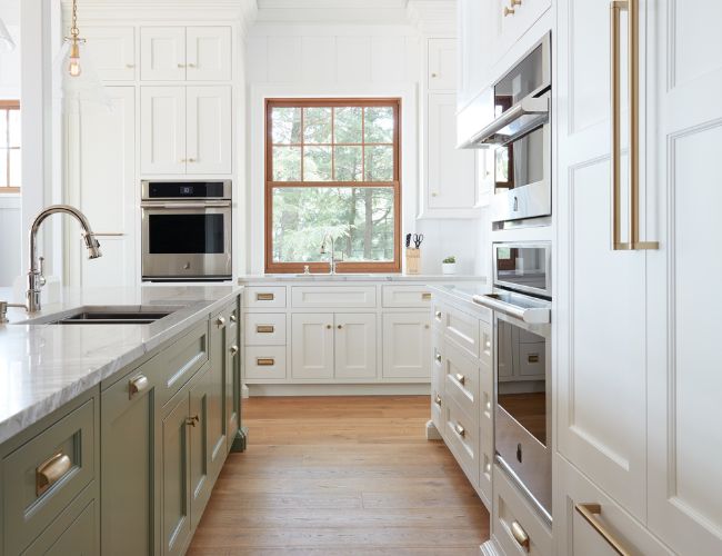 White and green custom galley kitchen layout