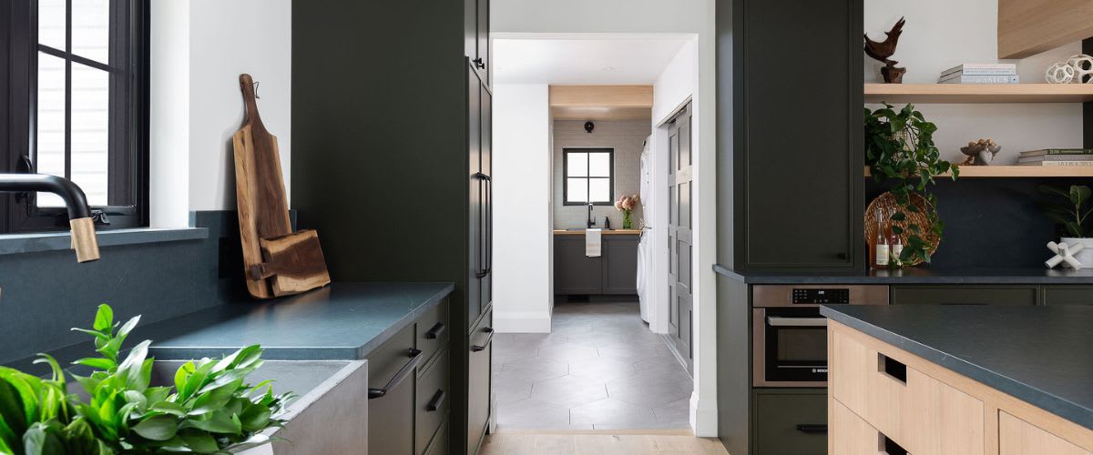 close up of green painted kitchen cabinets