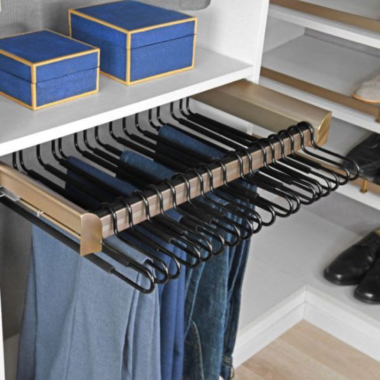 Pant hanger shown in closet part of Chervin Kitchen & Bath Essential Collection