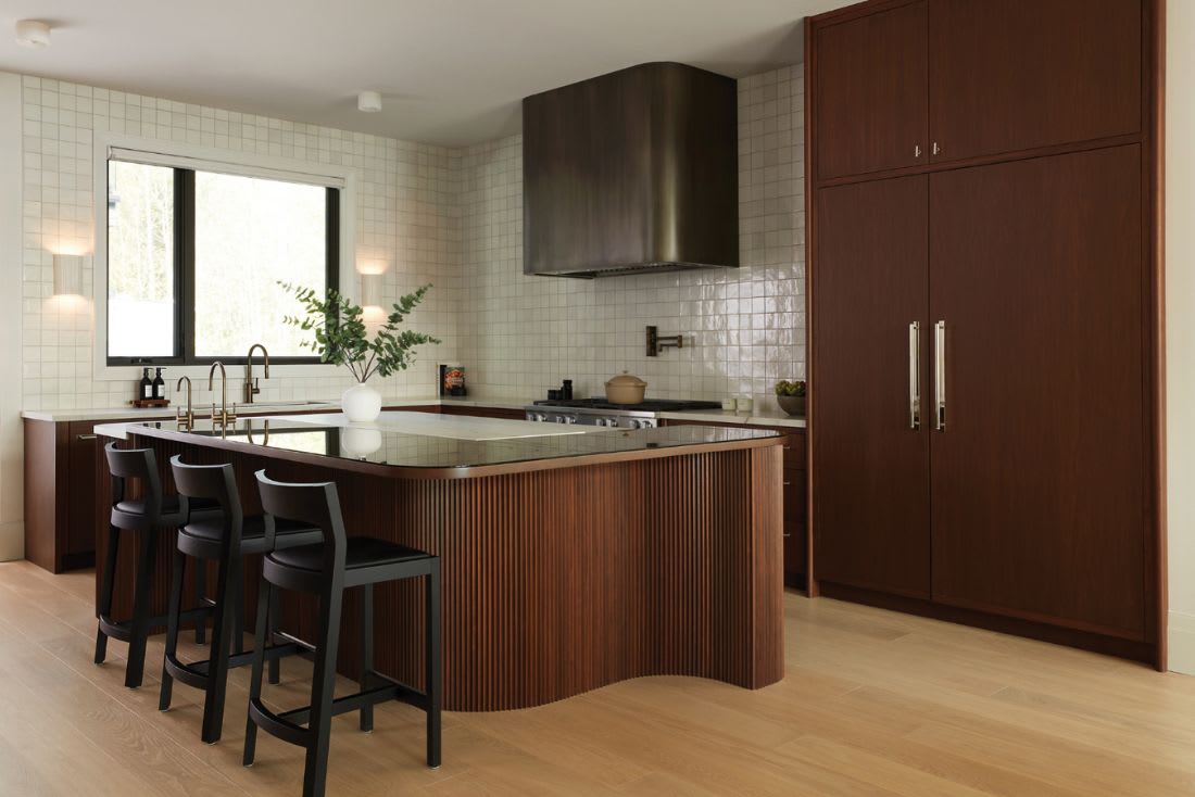 Walnut wood l-shaped kitchen layout