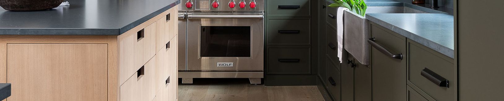 close up shot of custom kitchen cabinetry hardware.